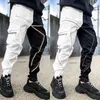 Calças masculinas casuais retalhos carga outono preto cintura alta listrado multi bolso jogging esportes fitness hip hop jogger calças