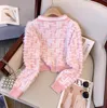 22ss suéter de diseñador rosa para mujer, cuello redondo, cárdigan de punto, suéteres, ropa de mujer de manga larga