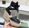 leather Metal buckle decoration wedges Sandals Platform Pumps heels Circular toe Ankle Strap cm Linen Embroidered women's luxury designers summer shoes