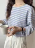 Women's T Shirts Korean Fashion Striped T-shirt Autumn Long Sleeve Top Loose Casual Cotton Female Blue Orange S-XL