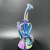 8" Glass Bong Twin Chamber Rainbow Metallic Hookah Glass Bong Dabber Rig Recycler Incycler Pipes Water Bongs joint Size 14mm for smoking shop Art Fashion