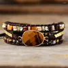 Strand Handgemaakte Mode Stijl Meerlaagse Natuurlijke Tijgeroog Steen Edelsteen Kralen Kralen Lederen Wrap Armbanden Voor Vrouwen