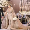 Luxury Arabic Champagne Mermaid Wedding Dresses With Detachable Train High Neck 3D Lace Long Sleeves Bridal257h