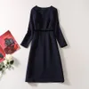 2023 otoño azul oscuro Color sólido vestido con paneles manga larga cuello redondo hasta la rodilla vestidos casuales A3S150831-07