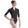 Stage Wear Aoylisey Mulheres Ballet Dança Leotards 1/2 Mangas Compridas Preto Ginástica Workout Bodysuits High Neck Romper Yoga Class Trajes