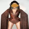 Sexig leopard tryckt bodysuit V-ringning Spandex Shawl Gloves Party Stage Outfit Women Dancer Singer Nightclub Bar DJ DS Performance C2159