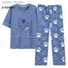 Femmes Sleep Lounge Big 5XL Pyjama Ensembles À Manches Courtes Ours De Dessin Animé Tricoté Coton Pyjamas Rayés Élégant Femmes Pyjamas Lounge Home Pijama Mujer L230920