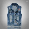 Gilets pour hommes 80s Vintage Denim Gilet Mâle Sans Manches Coton Doux Vestes Confortables Trou Jeans Marque Mode Top Gilet Plus 6XL