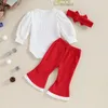 Kleidungssets Weihnachten 02Y Baby Mädchen Outfits Briefdruck gerippte lange Ärmel Strampler und ausgestellte Hosen Stirnband Herbstkleidung 230919