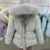 Manteau à capuche en fourrure de renard naturelle pour femme, avec ceinture en duvet de canard blanc, manteau chaud et épais, parkas SM