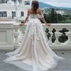 Sexy off-shoulder trouwjurken met bloemkant appliques met korte mouwen en trouwjurk voor de bruid Champagne A-lijn bruidsjurk
