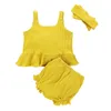 Kläder sätter barnflickor Sling Ruffles Kläder Set Born Yellow Ribbed Button Tanks Tops Shorts Pannband Summer Outfits For Toddler Girl 6m