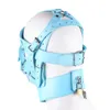 Accessori per costumi 2023 New Blue PU Leather Scava Fuori Bondage Testa Cappuccio Cerniera Maschere per il viso Cosplay Party Maschera per la testa sexy per uomo con serratura