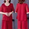 女性の2ピースパンツサマースーツカジュアルセットママの服を着る薬の老齢大きなゆるい半袖Oネックファッションシフォン