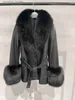 Veste en cuir véritable pour femme, fausse fourrure, Streetwear, amovible, col en fourrure de renard, manchettes, automne 2023, L230920