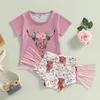 Conjuntos de roupas Bebê Meninas Shorts Set Manga Curta Cabeça de Vaca T-shirt com Flor Impressão Tasseled Verão Casual Outfit