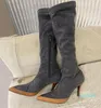 Stiletto Denim pour bottes au genou talons Ouverture à glissière latérale Bout en amande Bottines à talons hauts en cuir véritable Designers de luxe Chaussures Femmes Chaussures d'usine