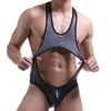 Underpants Men's Underwear Hanging Iron Ring Lacquer Leather Strap Empty Back Conjoined Wrestling Suit 1820