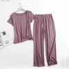 Kobiety Sleep Lounge Modal najnowsze damskie koszulki z krótkim rękawem T-shirt z długimi spodniami Pajama Zestaw luźne marszone spodnie swobodne ubrania Pijamas L230920