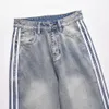 High Street Washed Old Sticker Fabric Ribbon Embroidered Jeans, Unisex Fashion Brand Loose Wide Leg Straight Pants1ise