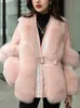 Womens Fur Faux Fur BPN Elegante Patchwork Diamantes Casacos De Peles Falso Para Mulheres V Neck Manga Longa Soild Emendado Cinto Temperamento Casaco De Inverno Feminino 230920