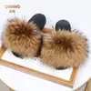 Slippers Summer Real Fur Slippers Ladies House Shoes Women Fluffy Raccoon Fur Slides Flip Flop Flat Furry Outdoor Sandals Woman Shoes 230920