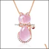 Smyckesinställningar Moonrocy Rose Gold Color CZ Crystal Ross Quartz Pink Opal Halsbandörhängen och ringset för söta kattkvinnor Dhgarden otw5p