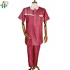 HD africain hommes vêtements costume à manches courtes t-shirt pantalon ensemble tenue traditionnelle blanc broderie rouge camisa africana masculina232o