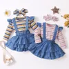 Ensembles de vêtements 3pcs bébé fille jupe robe ensemble infantile enfants rayé barboteuse à volants denim jarretelles jupes vêtements nés 230919