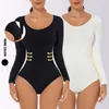 Body modellante da donna a maniche lunghe aderente body aderente contenitivo per la pancia collo tinta unita perizoma body tuta top