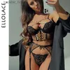 Seksowna set Ellolace Delikatne lampart bielizny Bra Bra Zestaw Push Up See przez bieliznę 4-częściowy fetysz Fancy Luksusowe koronkowe zestawy egzotyczne L230920