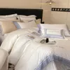 Bedding Sets 100S Egyptian Cotton Stripe Edge Embroidery Luxury 4pcs Duvet Cover With Flat Sheet Pillowcase Milk White