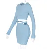 Robes de travail SKMY Y2K Vêtements Femmes Mode Costume Sexy 2023 Printemps Manches Longues Haut Court Jupe Découpée Deux Pièces Ensemble Bleu Couleur Unie