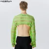 Men's T-Shirts Men T Shirt Mesh Tassel Hollow Out Transparent Male Crop Tops O-neck Long Sleeve Sexy Streetwear Camisetas S-5XL INCERUN 7 230920