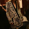 Women's Suits Blazer Vintage Print Chic Elegant Ladies Jacket In Outerwears V-Neck Long-Sleeved Thickened Mid-Length