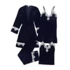 Floral Trim Sexy Women Velvet 3PCS Sleepwear Autumn Winter Warm Pajama Pyjama Set Solid Colar Nightwear Soft Home Wear M-XL