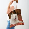 Sacos de compras casuais bonito cão branco samoyed saco adorável animal de estimação ambos os lados reutilizável eco lona senhora shopper bolsa