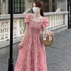 Vestidos casuais vestido de verão mulheres maxi rosa romântico vintage estilo francês colarinho quadrado princesa a linha férias impresso vestidos doce