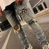 Calças de brim masculinas 2023 primavera outono high-end rua quebrado checkerboard remendo magro pé calças masculinas moda casual elástico denim calças compridas