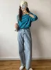 Women's T Shirts Korean Fashion Striped T-shirt Autumn Long Sleeve Top Loose Casual Cotton Female Blue Orange S-XL