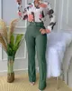 Plus size Dresses European and American casual suit printed standing collar long sleeved shirt top wide leg pants twopiece set hjts 230919