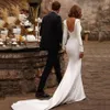 Simple Ivory Satin Trumpet Wedding Dress 2022 Long Sleeves Square Neck Low Back Court Train Bridal Gowns Slim Fit Reception Engage1799