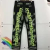 Distressed Endless Damage Hole Denim Jeans Men Women Straight Fluorescent Green Letter Embroidery Pants251p
