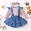 Ensembles de vêtements 3pcs bébé fille jupe robe ensemble infantile enfants rayé barboteuse à volants denim jarretelles jupes vêtements nés 230919