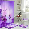 Tende da doccia Casa Fiore viola Farfalla Stampa impermeabile Tenda da doccia 4 pezzi Copri tappeto Copri WC Tappetino da bagno Set tenda da bagno 230919