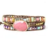 Strand Bohemian Natural Stone Rhodochrosite Pärlor Armband Handgjorda 3 Strängar Läder Wraped For Women