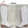 Boots Dropship Cowboy Cowgirls Western White Knee High Boot Big Size 41 Comfy Walking Stacked Heeled Vintage Shoes 230920
