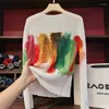 Mulheres Camisetas Miyake Plissado Pintura A Óleo T-shirt Cor Bloqueando Pescoço Redondo Mangas Compridas Primavera Verão Ponto Mulheres Roupas Gráfico