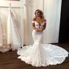 2022 elegantes vestidos de novia de sirena de encaje completo sexy sin espalda transparente con botones fuera del hombro tren largo vestidos de novia de novia BC176I