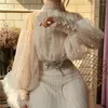 Kvinnors blusar 2023 Fashion Autumn Women Sweet Beads Bubble Sleeve Pearls Button Gaze Ladies Elegant Mesh Shirt Blusas Tops